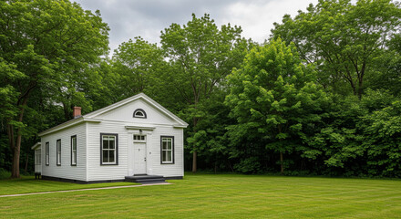  A small, white house with dark trim stands amidst green trees and a grassy lawn under a cloudy sky.