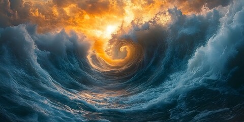 A swirling vortex of ocean waves under a dramatic sky with golden light breaking through clouds
