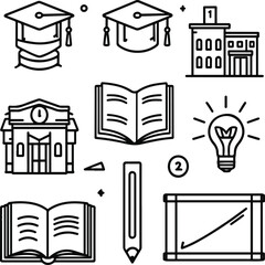 Simple black and white line icon set for education and learning. Include graduation cap, open book, pencil, ruler, school building, light bulb