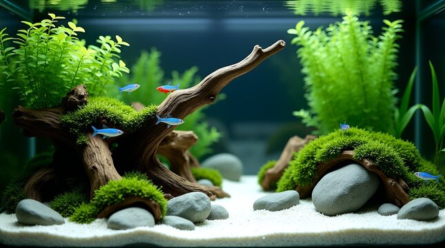 Aesthetic Freshwater Aquascape Aquarium with Neon Tetras and Driftwood Composition in Crystal Clarity