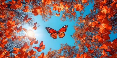 A view of butterflies flying through orange trees against a bright blue sky in the autumn season