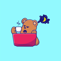Cartoon bear working late on a laptop while drinking coffee under the night sky. Perfect for office, freelance, or coffee-related designs.