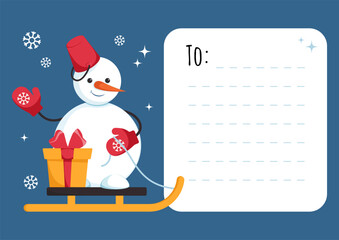 Cute funny snowman on sleigh. Christmas label, postcard, sticker, gift tag with copy space. Christmas winter vector illustration
