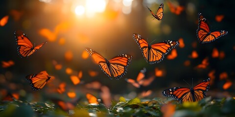 A mesmerizing display of monarch butterflies fluttering in a sunlit natural environment scene outdoors