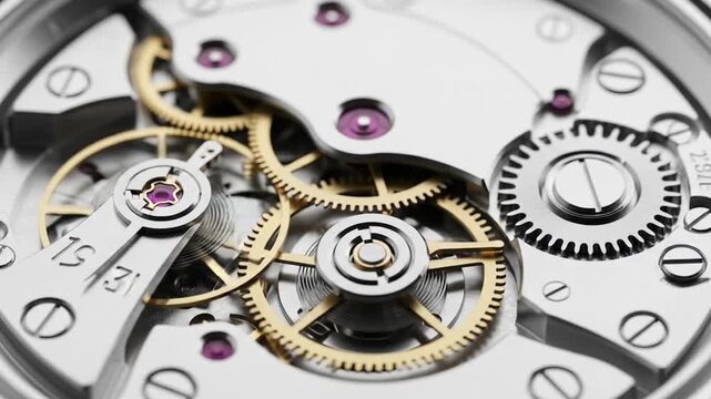 Detailed closeup of a mechanical watch movement showcasing intricate details and craftsmanship, suitable for watchmaking and precision engineering concepts.