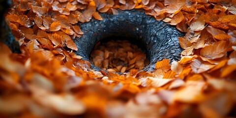 A view into a hollow tree trunk surrounded by brown autumn leaves on the forest floor in fall season