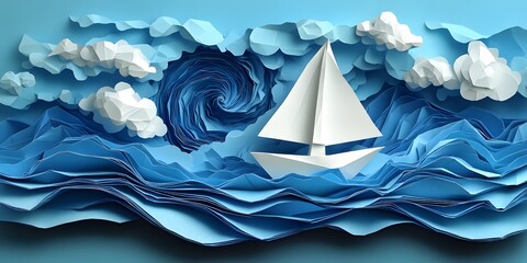 A paper sailboat sailing on a blue paper ocean with paper clouds and a paper storm in the background