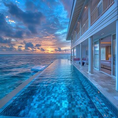 Obraz premium Overwater bungalow pool Maldives transparent glass bottom ocean horizon view soft pastel sunset high end beach decor