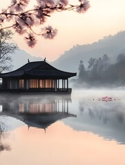 A pagoda on a lake with cherry blossoms and mountains in the background during a hazy sunrise scene