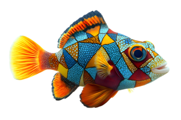 A colorful, mosaic-patterned fish with vibrant hues of blue, yellow, orange, and red, swimming against a white background.