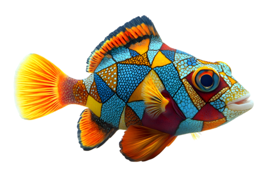 A colorful, mosaic-patterned fish with vibrant hues of blue, yellow, orange, and red, swimming against a white background.