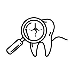 Dental Health Icon Examining Cracked Tooth with Magnifying Glass  