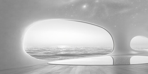 Futuristic white structure overlooks a calm ocean with a bright sky and a minimalist design style
