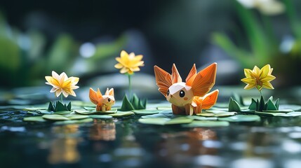 Origami foxes and yellow flowers on lily pads floating in a serene pond setting in nature