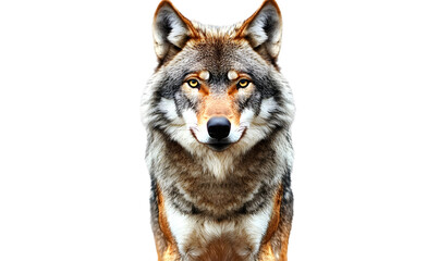 A close-up portrait of a wolf with brown, grey, and white fur, staring directly at the viewer against a plain white background.
