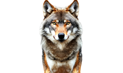 A close-up portrait of a wolf with brown, grey, and white fur, staring directly at the viewer against a plain white background.