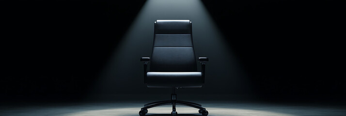 Empty seat on the stage highlighted by a bright spotlight. The chair symbolizes absence, anticipation, and power.