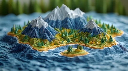 A miniature paper landscape with mountains trees and water in a stylized artistic manner