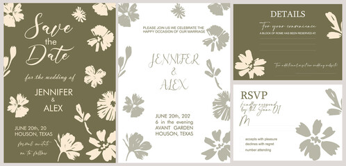 Elegant floral wedding invitation set in neutral tones. Includes Save the Date, RSVP, Details, and Ceremony cards. Minimalist botanical template perfect for modern weddings.