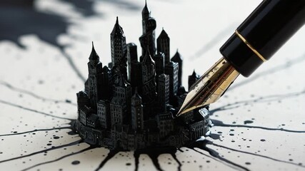Cityscape Drawing with Fountain Pen: Conceptual Urban Planning and Architectural Design