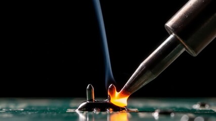 Soldering iron melting solder on a circuit board for electronics or DIY projects and technology concepts. Perfect for tech related designs.