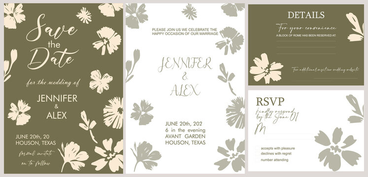 Elegant floral wedding invitation set in neutral tones. Includes Save the Date, RSVP, Details, and Ceremony cards. Minimalist botanical template perfect for modern weddings.