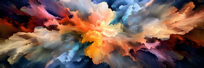 An abstract painting featuring a burst of vibrant colors and dynamic textures in a central composition