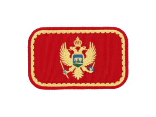 Montenegro flag patch with coat of arms and red fabric on transparent backdrop, transparent background