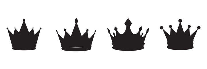 Four Simple Black Crown Silhouettes: Royal, Elegant, Monochrome Vector Icons.