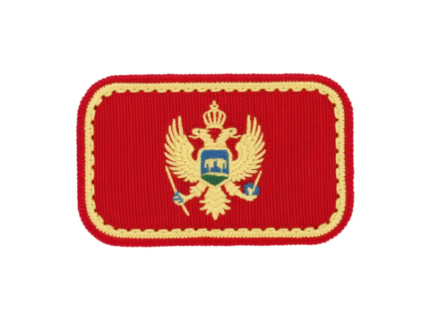 Montenegro flag patch with coat of arms and red fabric on transparent backdrop, transparent background - Powered by Adobe