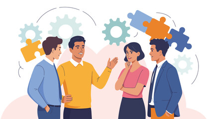 Stylized 3D illustration of business professionals collaborating with gear and puzzle icons, symbolizing teamwork, strategy, and problem-solving
