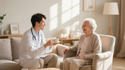 Fototapeta premium A friendly young doctor on a home visit, enjoying a laugh and a cup of tea with a cheerful senior patient