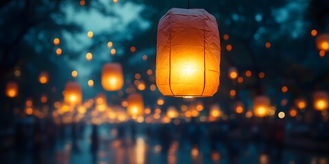 Illuminated paper lanterns floating in the night sky with a blurred background of more lanterns