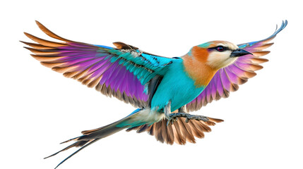 Fototapeta premium A vibrant lilac-breasted roller bird with outstretched wings, isolated on white.