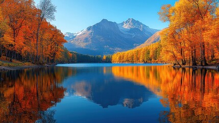 Autumn lake reflecting fall foliage mountains