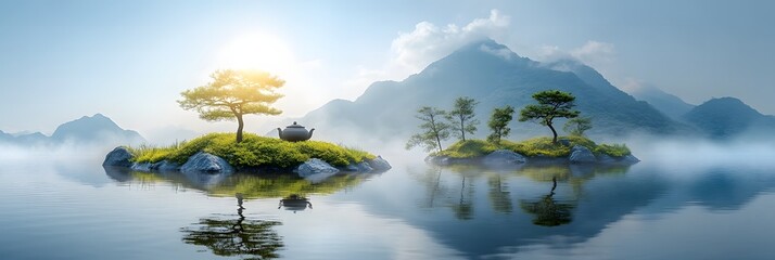 A scenic view of islands with trees and a teapot in a misty lake with mountains in the background