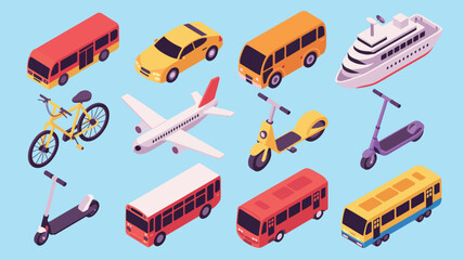 Colorful Isometric Transport Set Featuring Cars, Buses, Airplane, Cruise Ship, Bicycle, and Scooters Depicting Urban Mobility and Travel