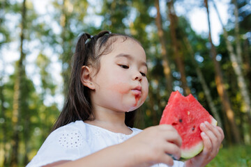 Girl Eating Watermelon Outdoors Summer Picnic Closeup Portrait of Child with Fruit in Nature