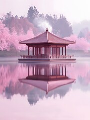 A pagoda on a lake surrounded by pink trees with a reflection in the water in a dreamy landscape