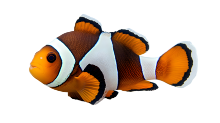 A vibrant clownfish with orange, white, and brown markings swimming against a plain white background.
