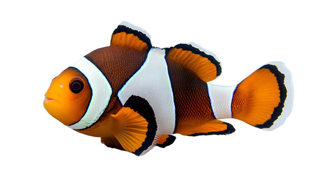 A vibrant clownfish with orange, white, and brown markings swimming against a plain white background.