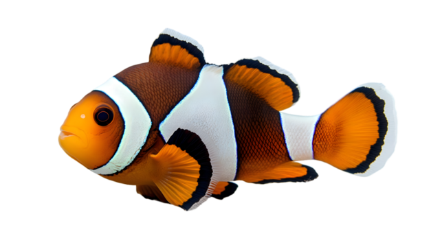 A vibrant clownfish with orange, white, and brown markings swimming against a plain white background.