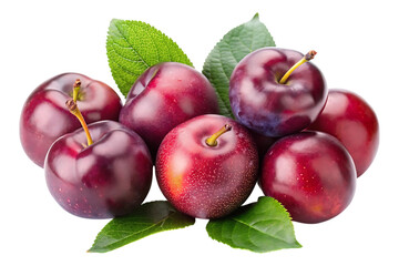 ripe plums with green leaf image isolated on a transparent background