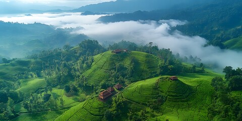Aerial view of tea plantations on rolling hills with fog and houses in the distance landscape