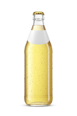 Glass bottle of lemonade with water droplets isolated. Paper top label Soviet-style design. 3D rendering illustration. Transparent PNG image.