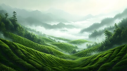 A scenic view of lush green tea plantations rolling hills shrouded in mist and fog in the mountains