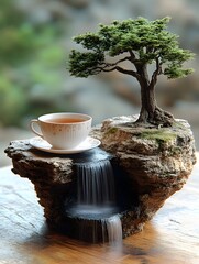 A teacup on a rock formation with a miniature waterfall and a bonsai tree on top of the rock
