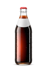 Clear glass bottle of cola brown soft drink isolated. Paper top label Soviet-style design. 3D rendering illustration. Transparent PNG image.