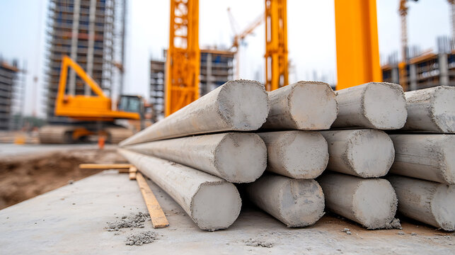 Concrete pilings for construction project. Large concrete blocks at construction site. Stacks of concrete support columns for a new building.