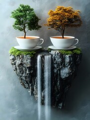 Two trees in teacups on a rock island with a waterfall against a gray textured background view